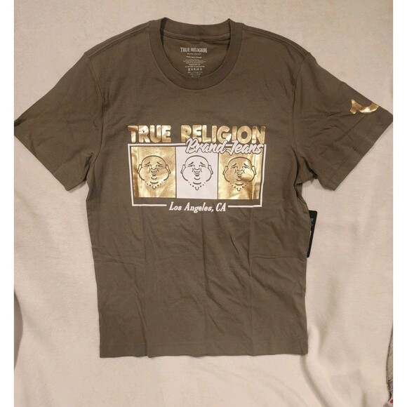 True Religion Green Triple Buddha T-Shirt Gold Foil Metallic Tee Medium - Picture 1 of 8